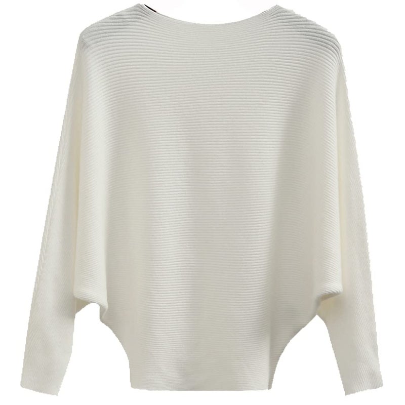 Ckikiou Womens Lightweight Oversized Boat Neck Sweaters Tops Dolman Batwing Sleeve Ribbed Knitted Pullovers White - Image 1